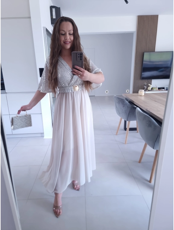 Sukienka BEŻOWA SELENE MAXI ELEGANCKA cekiny L XL XXL