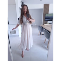 Sukienka BEŻOWA SELENE MAXI ELEGANCKA cekiny L XL XXL