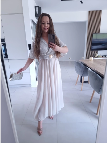 Sukienka BEŻOWA SELENE MAXI ELEGANCKA cekiny L XL XXL