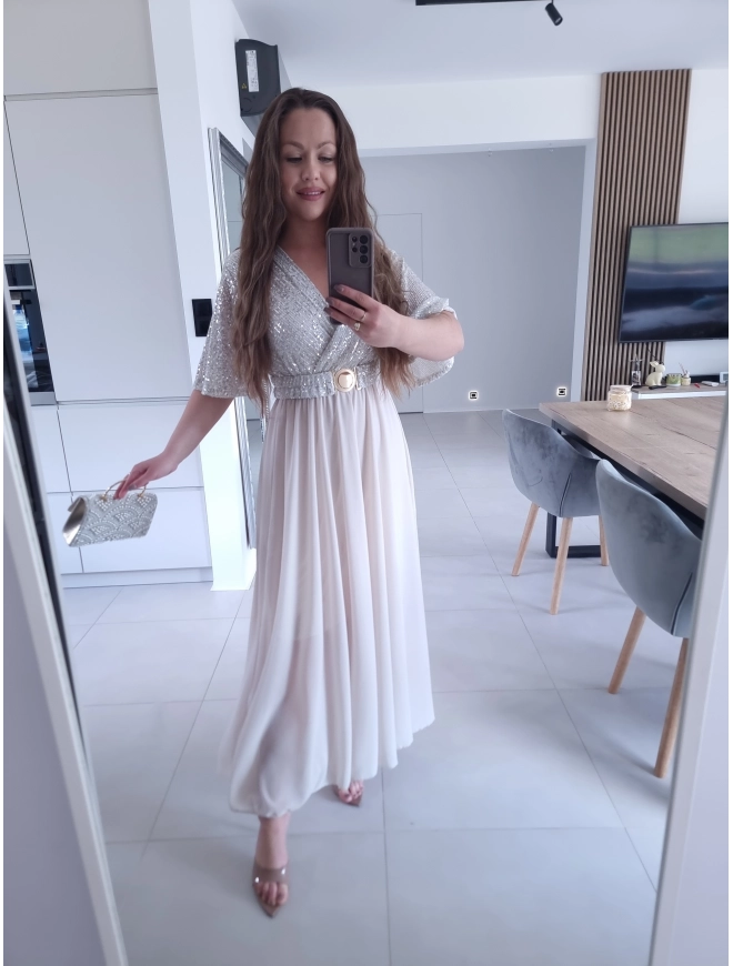 Sukienka BEŻOWA SELENE MAXI ELEGANCKA cekiny L XL XXL