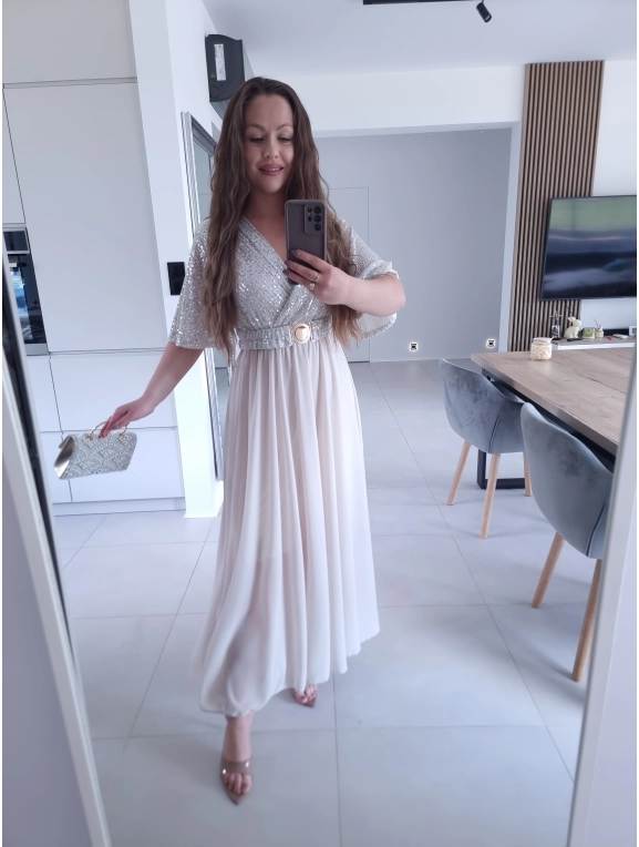 Sukienka BEŻOWA SELENE MAXI ELEGANCKA cekiny L XL XXL