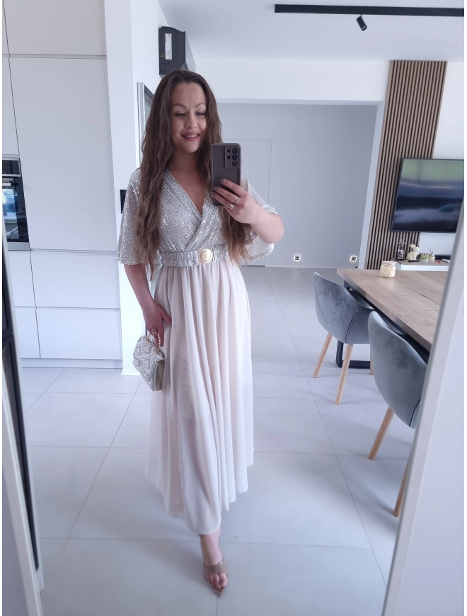 Sukienka BEŻOWA SELENE MAXI ELEGANCKA cekiny L XL XXL