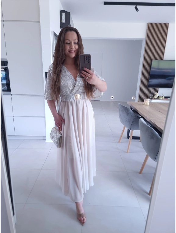 Sukienka BEŻOWA SELENE MAXI ELEGANCKA cekiny L XL XXL