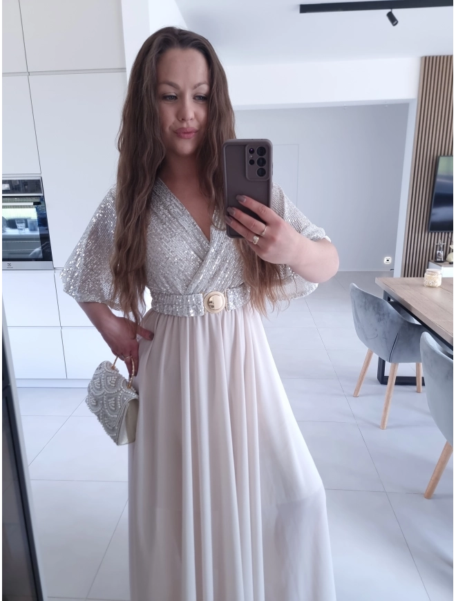 Sukienka BEŻOWA SELENE MAXI ELEGANCKA cekiny L XL XXL