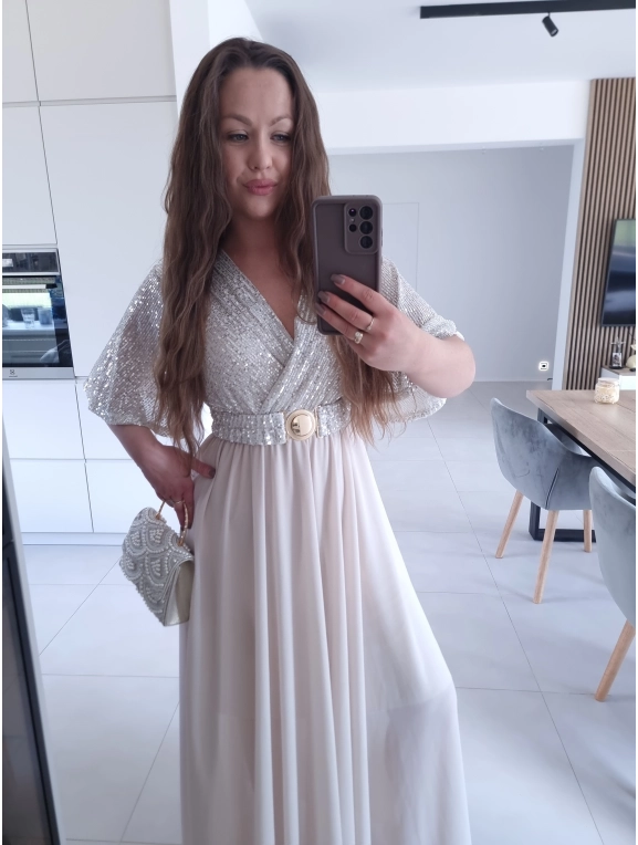 Sukienka BEŻOWA SELENE MAXI ELEGANCKA cekiny L XL XXL