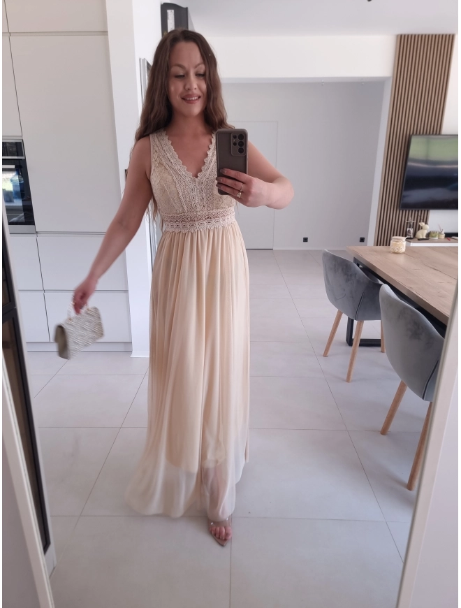 Sukienka DORIA ECRU elegancka  maxi siatka S M L