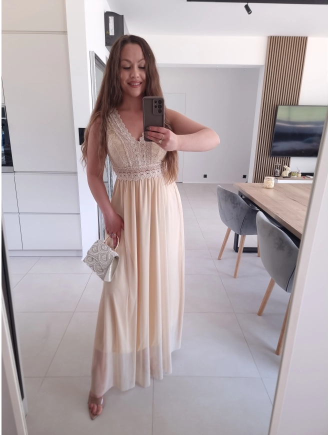 Sukienka DORIA ECRU elegancka  maxi siatka S M L