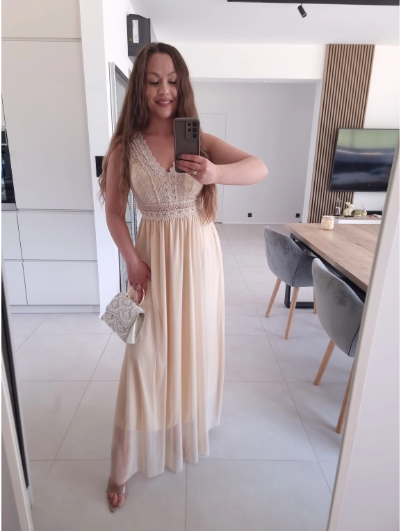 Sukienka DORIA ECRU elegancka  maxi siatka S M L