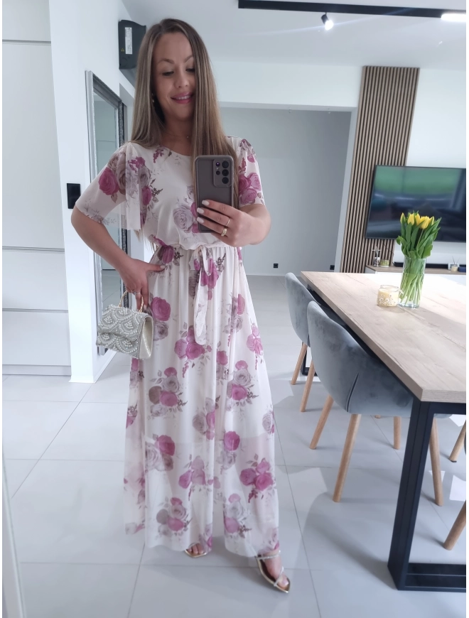 Sukienka siateczkowa KLARA 36-44 kremowa w kwiaty