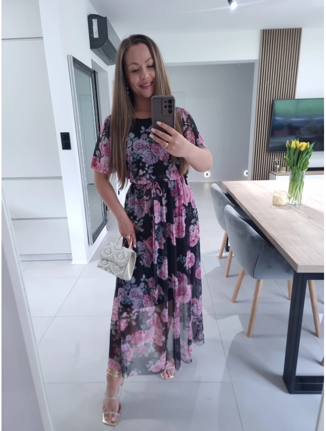 Sukienka siateczkowa KLARA 36-44 czarna peonie