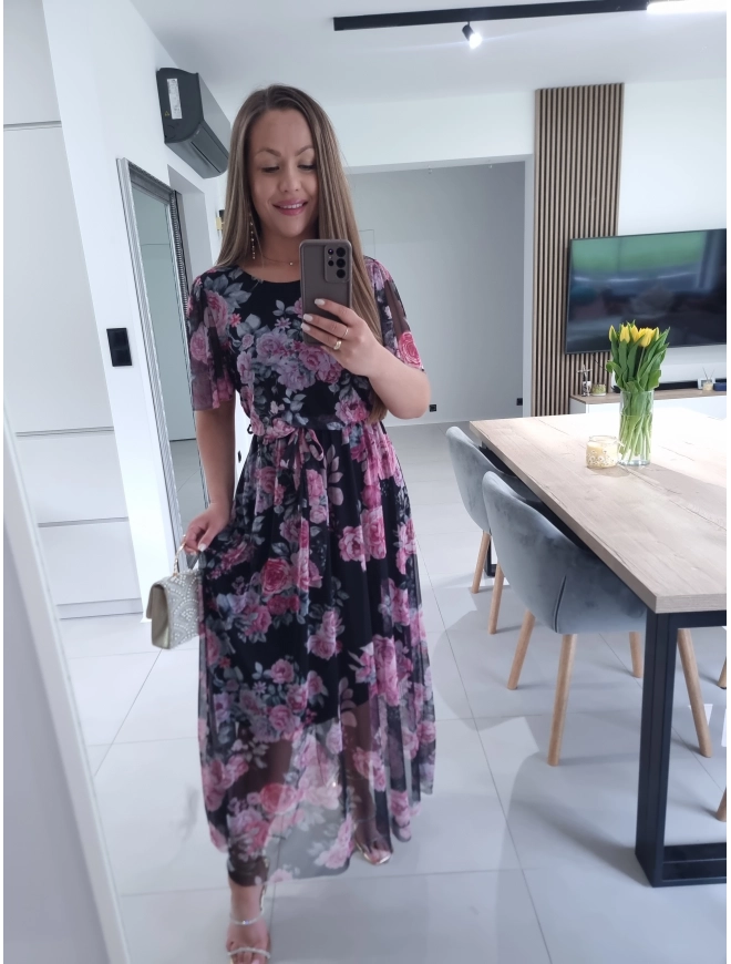 Sukienka siateczkowa KLARA 36-44 czarna peonie