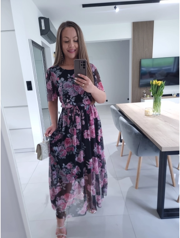 Sukienka siateczkowa KLARA 36-44 czarna peonie