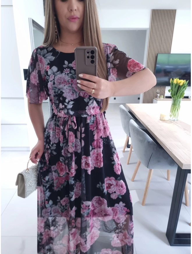 Sukienka siateczkowa KLARA 36-44 czarna peonie