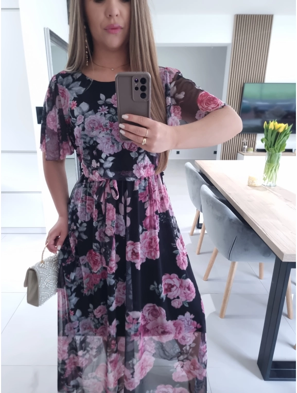 Sukienka siateczkowa KLARA 36-44 czarna peonie