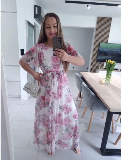Sukienka siateczkowa KLARA 36-44 ecru peonie