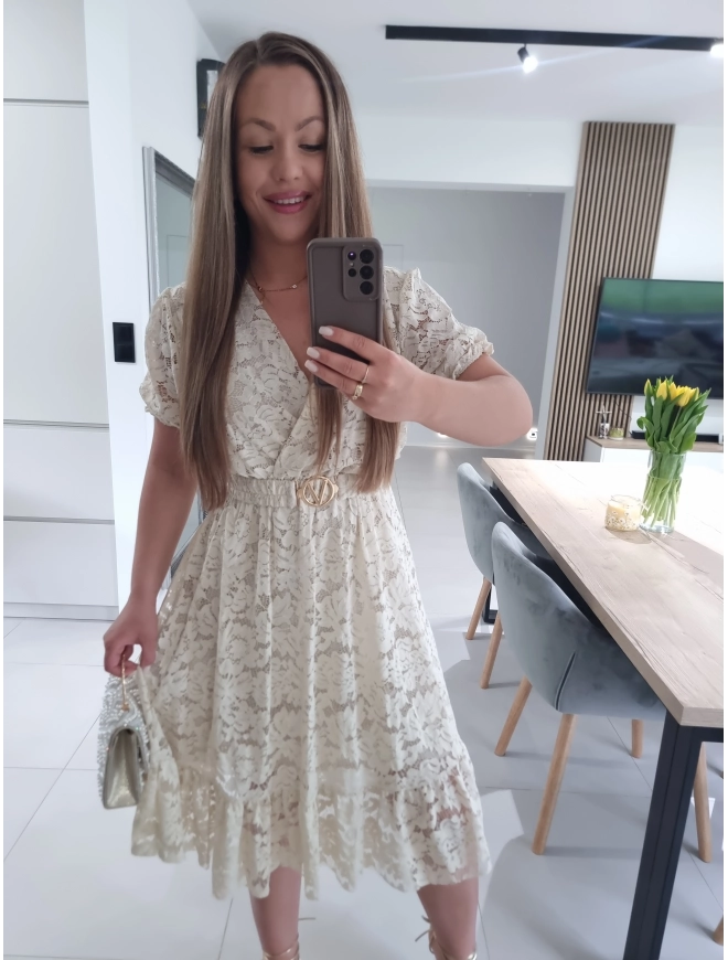 Sukienka GLAMOUR beż krem koronka L XL XXL
