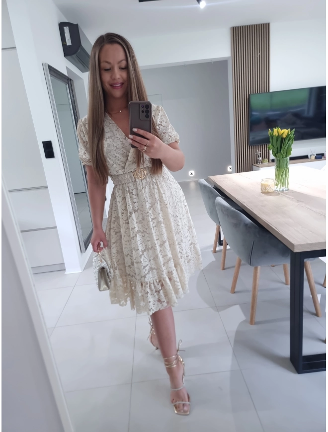 Sukienka GLAMOUR beż krem koronka L XL XXL