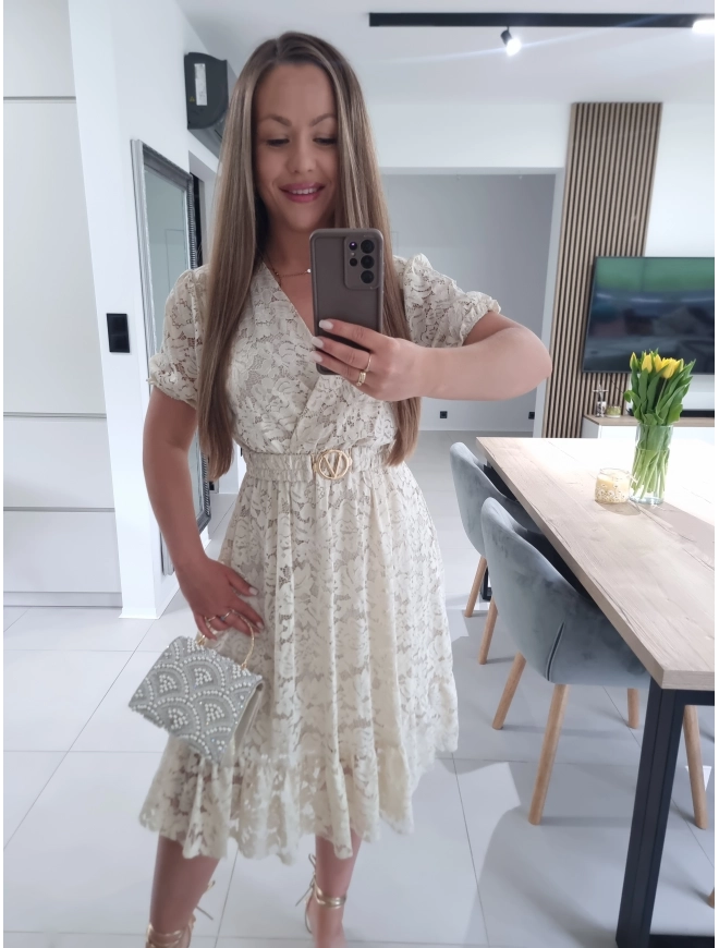 Sukienka GLAMOUR beż krem koronka L XL XXL