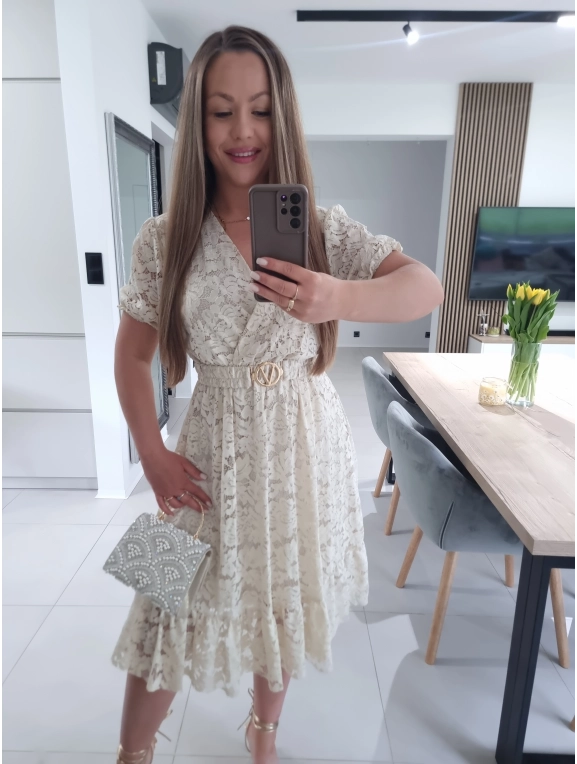 Sukienka GLAMOUR beż krem koronka L XL XXL