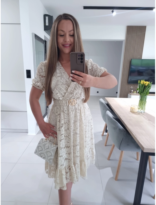 Sukienka GLAMOUR beż krem koronka L XL XXL