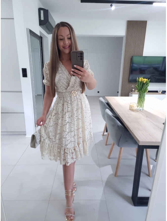 Sukienka GLAMOUR beż krem koronka L XL XXL