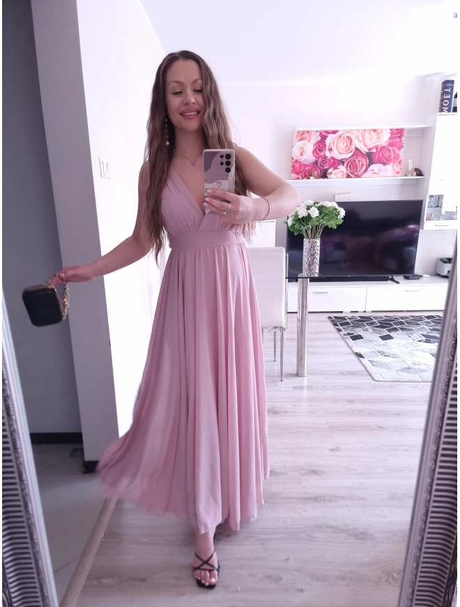 Sukienka JULIETA MAXI 36-42 elegancka puder róż