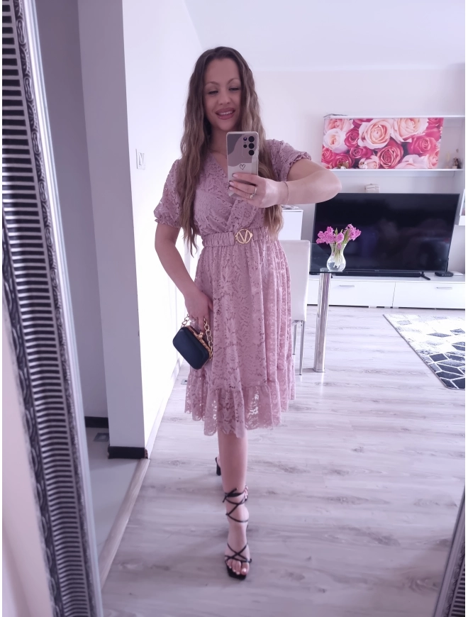 Sukienka GLAMOUR koronkowa PLUS SIZE puder róż