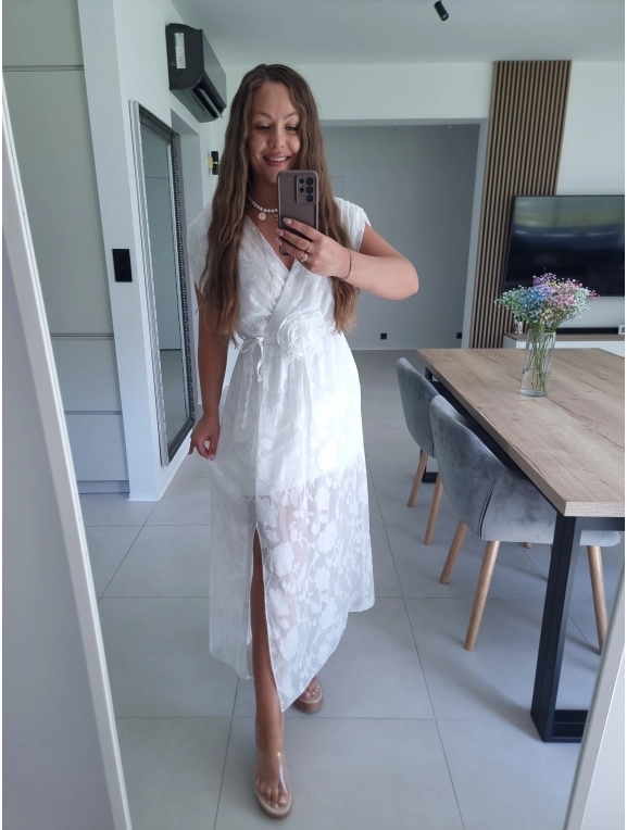 Sukienka CARMEN haft z różą biała