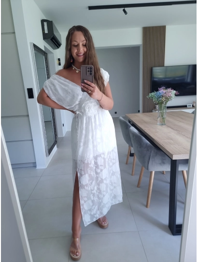 Sukienka CARMEN haft z różą biała