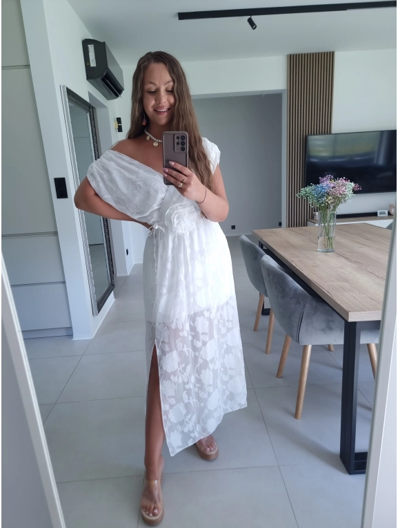 Sukienka CARMEN haft z różą biała