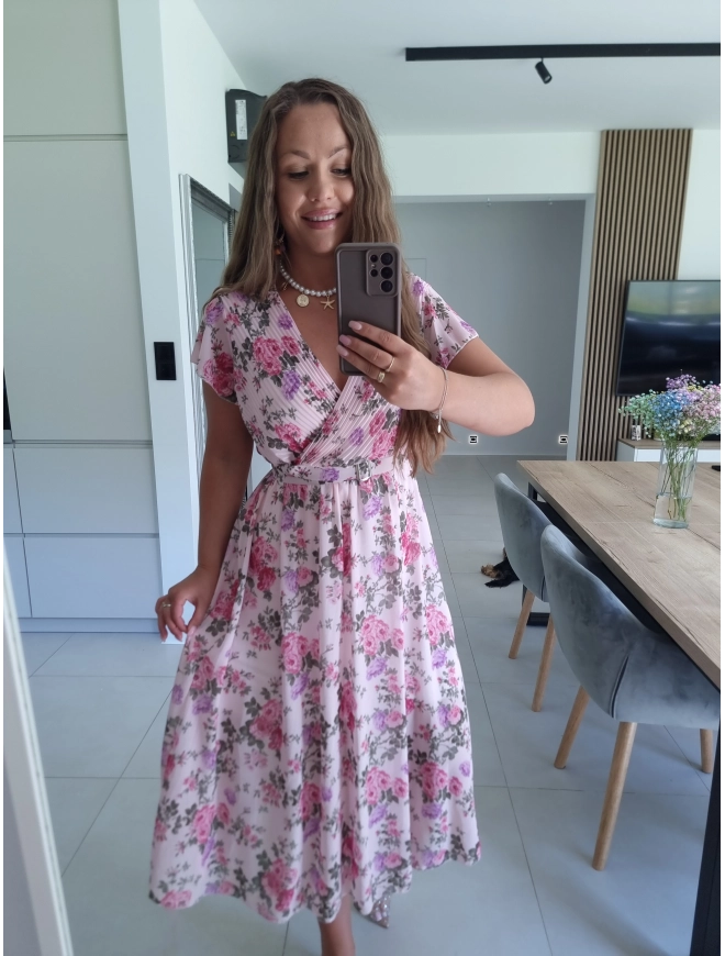 Sukienka VALERIANA M L XL róż w kwiaty