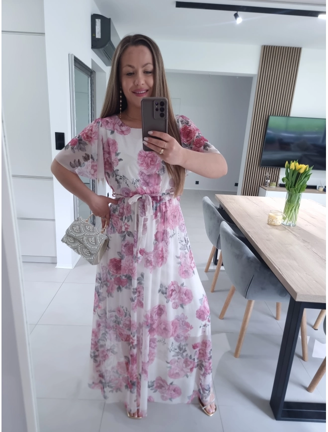 Sukienka siateczkowa KLARA 36-44 ecru peonie