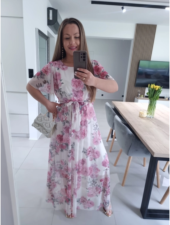 Sukienka siateczkowa KLARA 36-44 ecru peonie