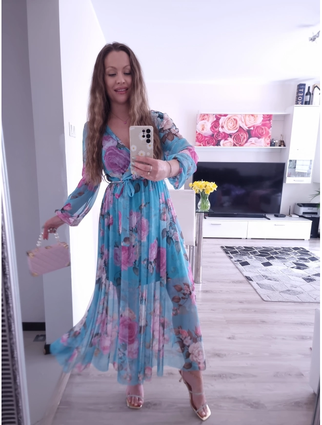 Sukienka TATIANA PLUS SIZE elegancka siateczkowa 06 blekitna roza