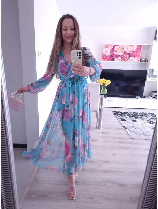 Sukienka TATIANA PLUS SIZE elegancka siateczkowa 06 blekitna roza