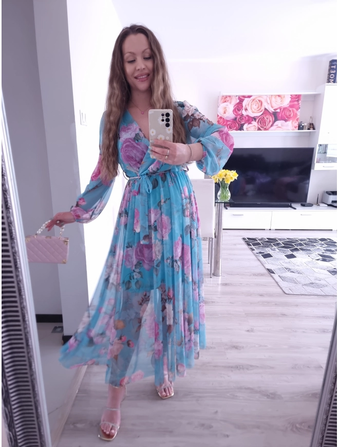 Sukienka TATIANA PLUS SIZE elegancka siateczkowa 06 blekitna roza