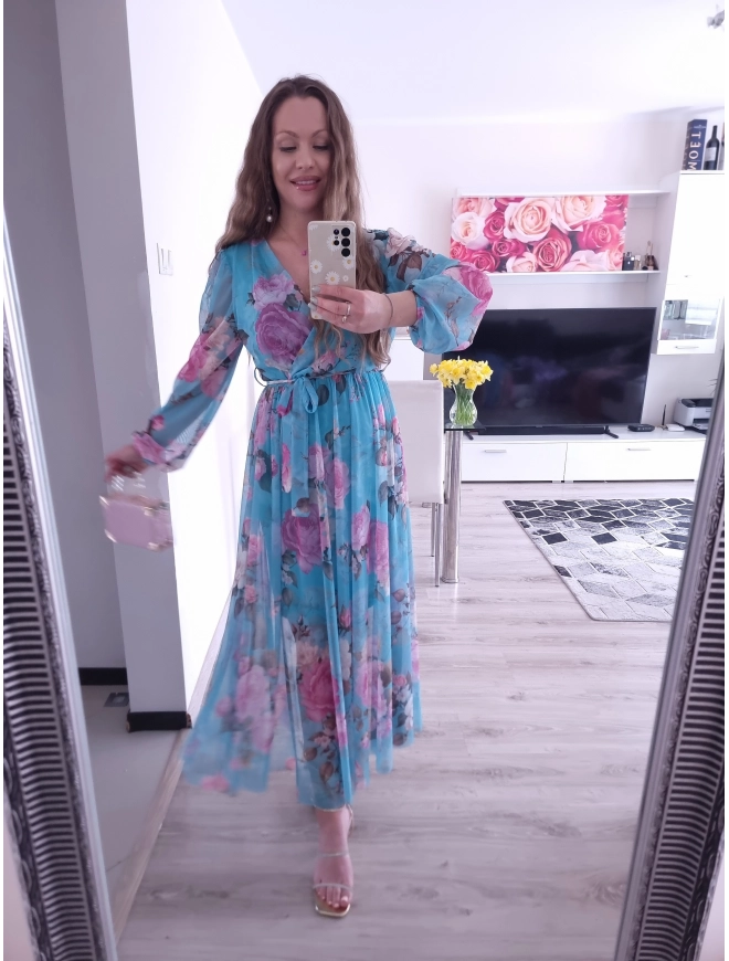 Sukienka TATIANA PLUS SIZE elegancka siateczkowa 06 blekitna roza