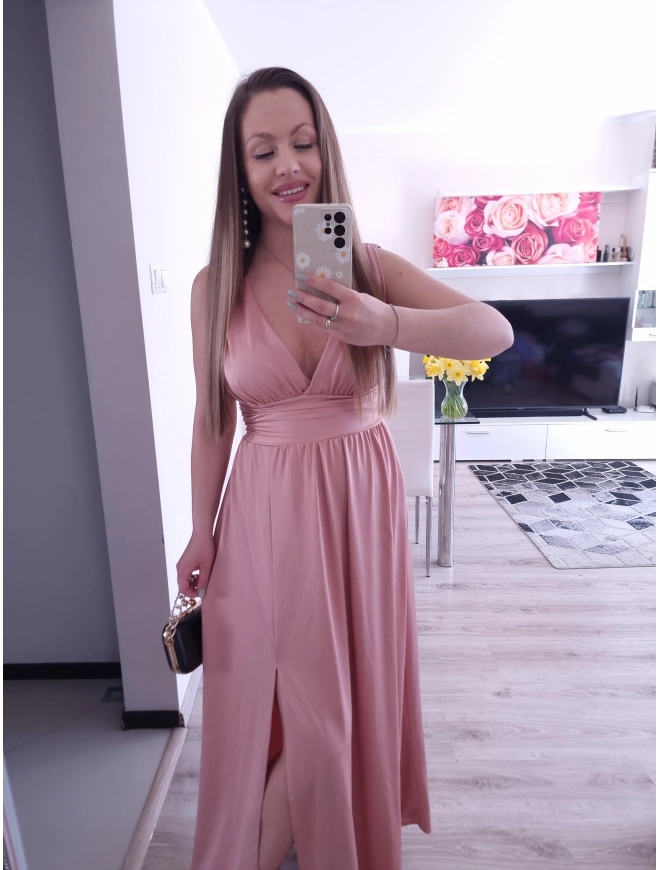 Sukienka VENEZIA MAXI elegancka z rozcięciem puder róż