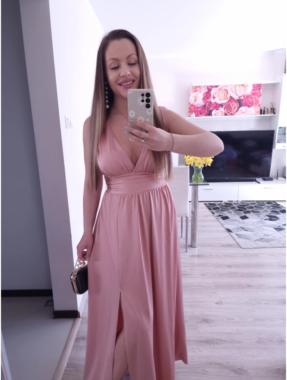 Sukienka VENEZIA MAXI elegancka z rozcięciem puder róż
