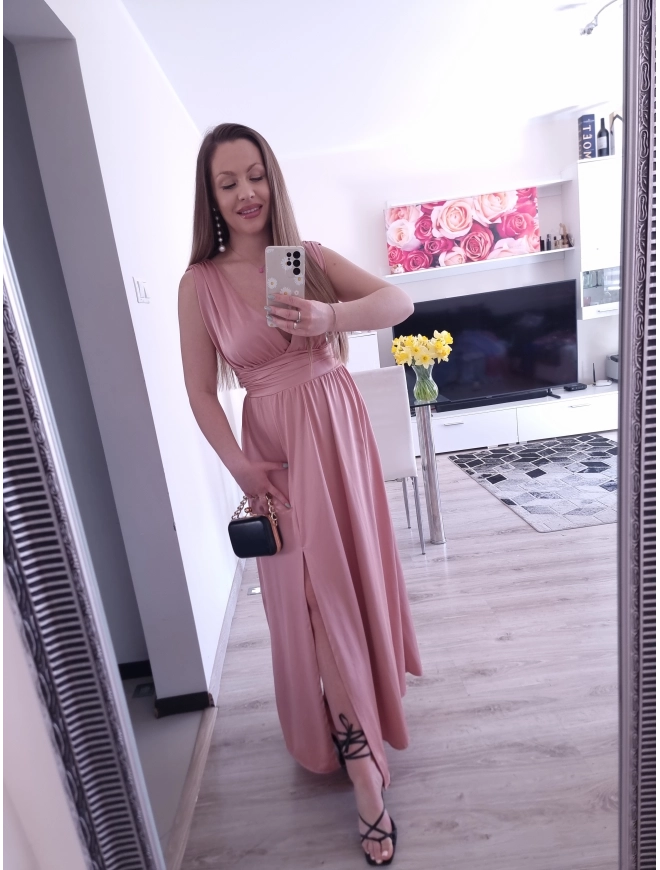 Sukienka VENEZIA MAXI elegancka z rozcięciem puder róż