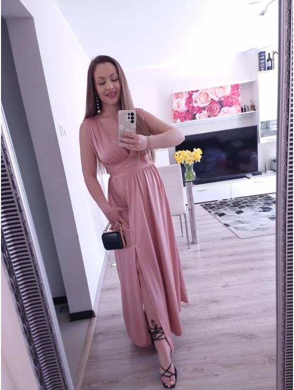 Sukienka VENEZIA MAXI elegancka z rozcięciem puder róż