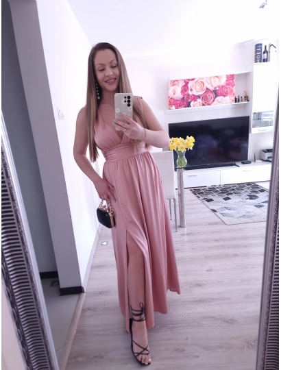 Sukienka VENEZIA MAXI elegancka z rozcięciem puder róż