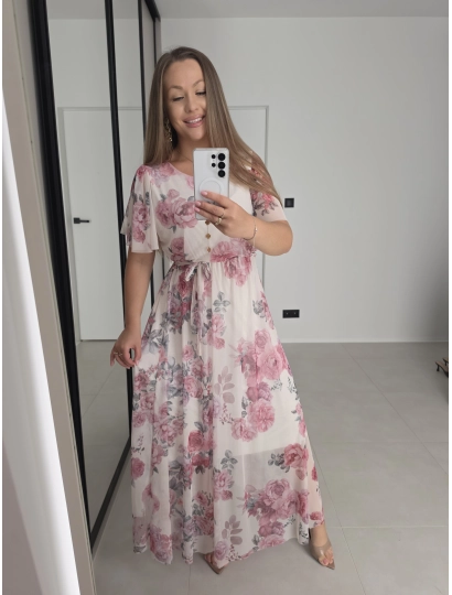Sukienka ELENA siatka kremowa w róże