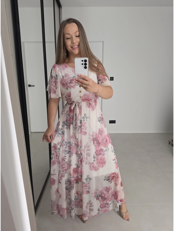 Sukienka ELENA siatka kremowa w róże