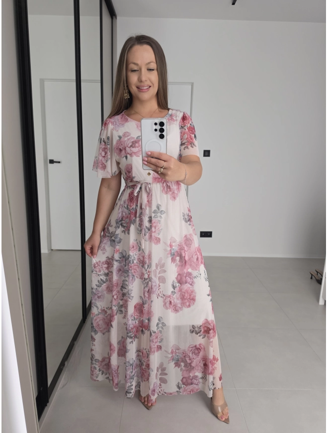 Sukienka ELENA siatka kremowa w róże