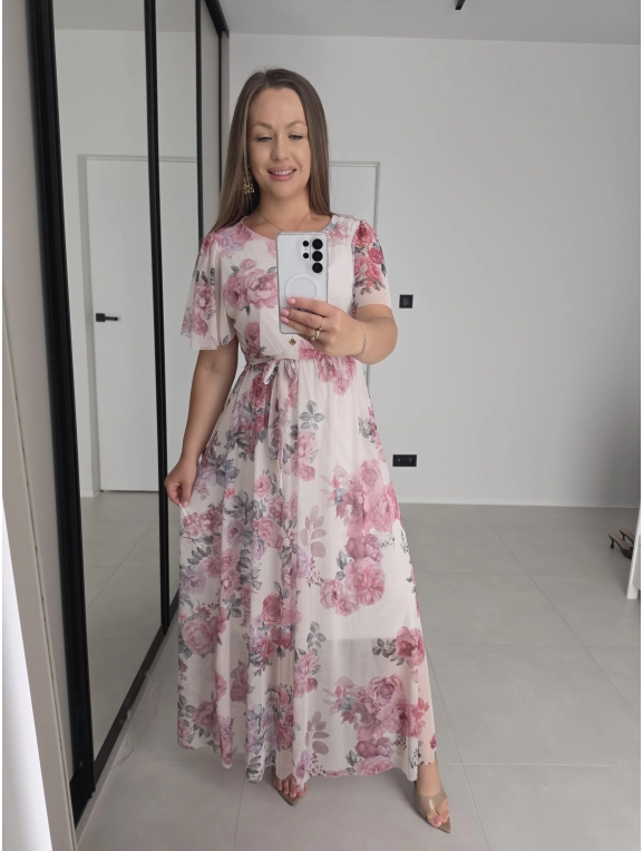 Sukienka ELENA siatka kremowa w róże