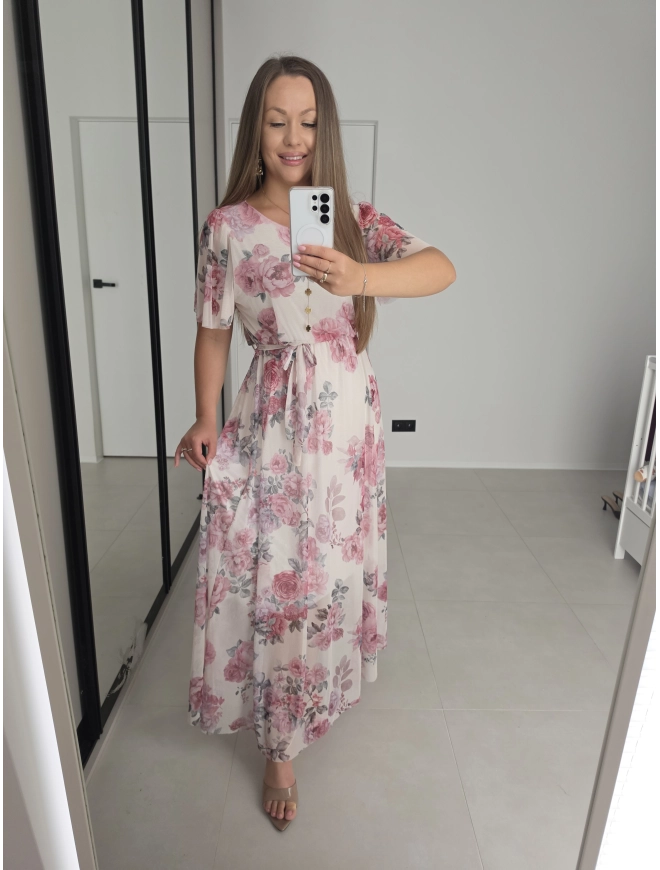 Sukienka ELENA siatka kremowa w róże