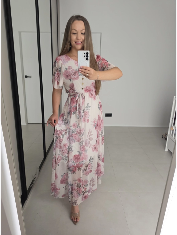Sukienka ELENA siatka kremowa w róże