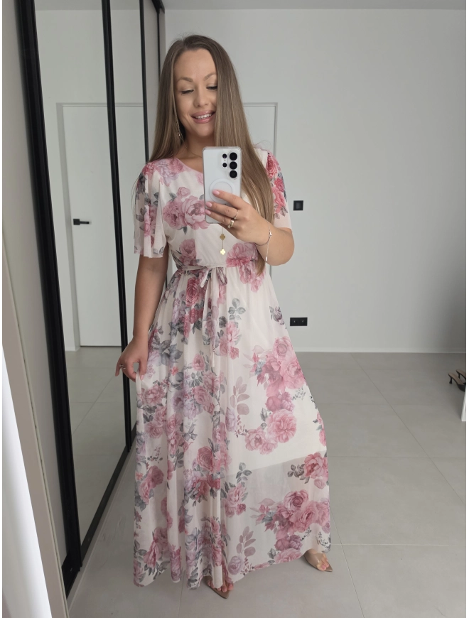 Sukienka ELENA siatka kremowa w róże