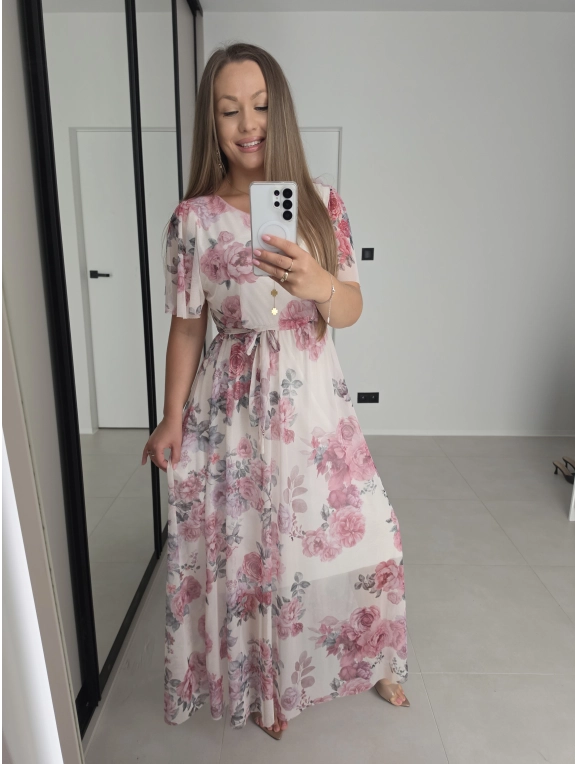 Sukienka ELENA siatka kremowa w róże